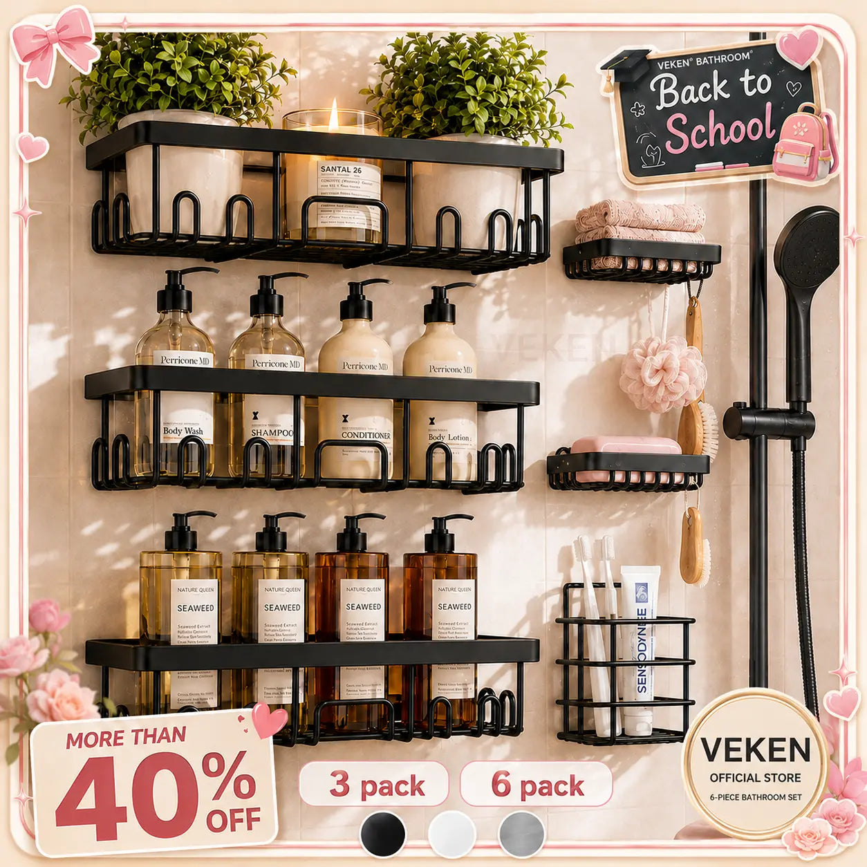 【Veken】 3/6-Pack Life-Changing Rustproof Shower Caddy, Effortless No-Drill Wall Shelves with Soap Holder, End Bathroom Clutter for Good, Multi-Use Kitchen & Home Storage