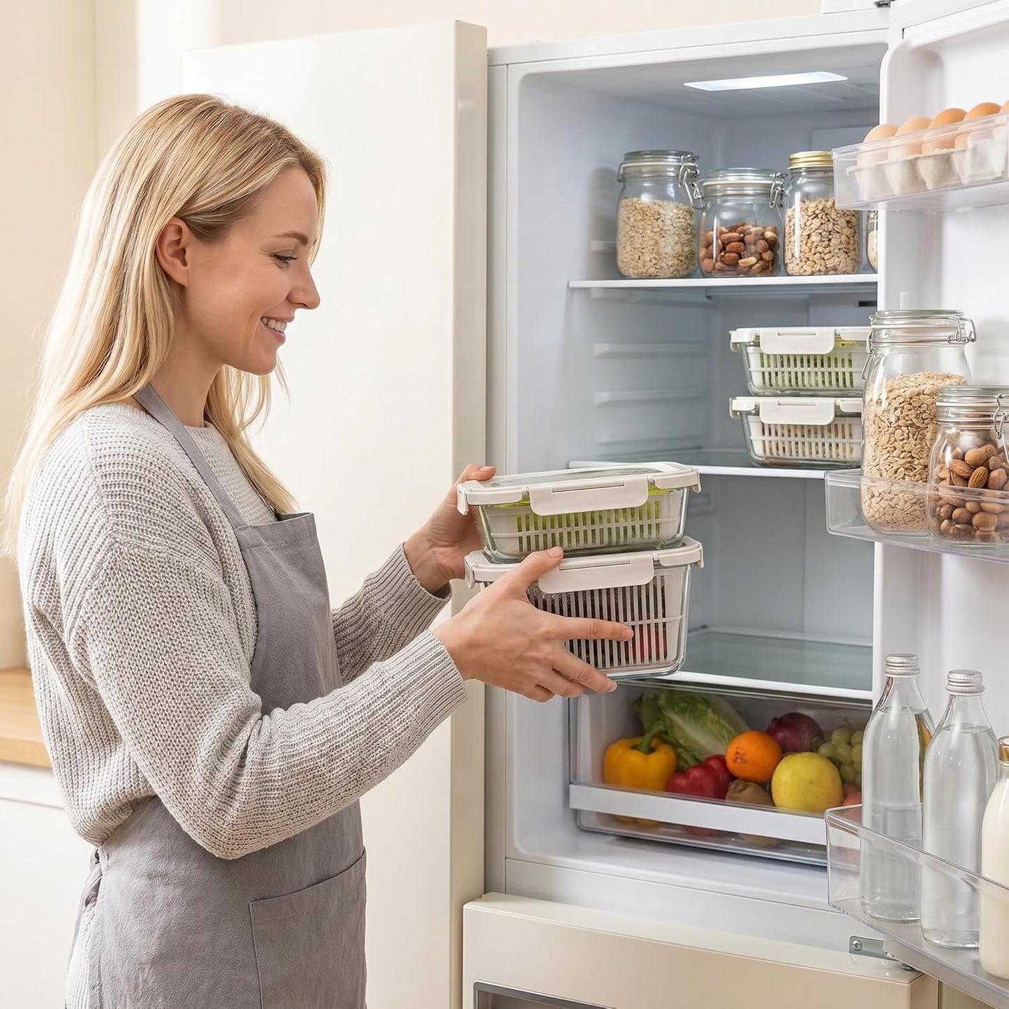 Glass Produce Storage Containers for Fridge, 2-Pack – Airtight Fruit & Vegetable Containers with Removable Colanders, Flexible Silicone Lids,Leakproof, Bpa-Free Borosilicate Glass