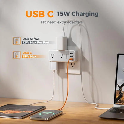 TESSAN Multi Plug Wall Outlet Splitter with 360 Rotating Plug, TESSAN 1800J Surge Protector Outlet Extender with 6 AC and 3 USB Ports (1 USB C), 1875W, 3 Sided Wall Socket Expander for Home Office Dorm Room