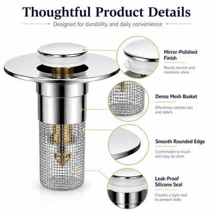 Universal Pop-Up Sink Drain Stopper with Stainless Steel Filter Basket Anti-Clog Debris Catcher Easy Install for Bathroom Kitchen