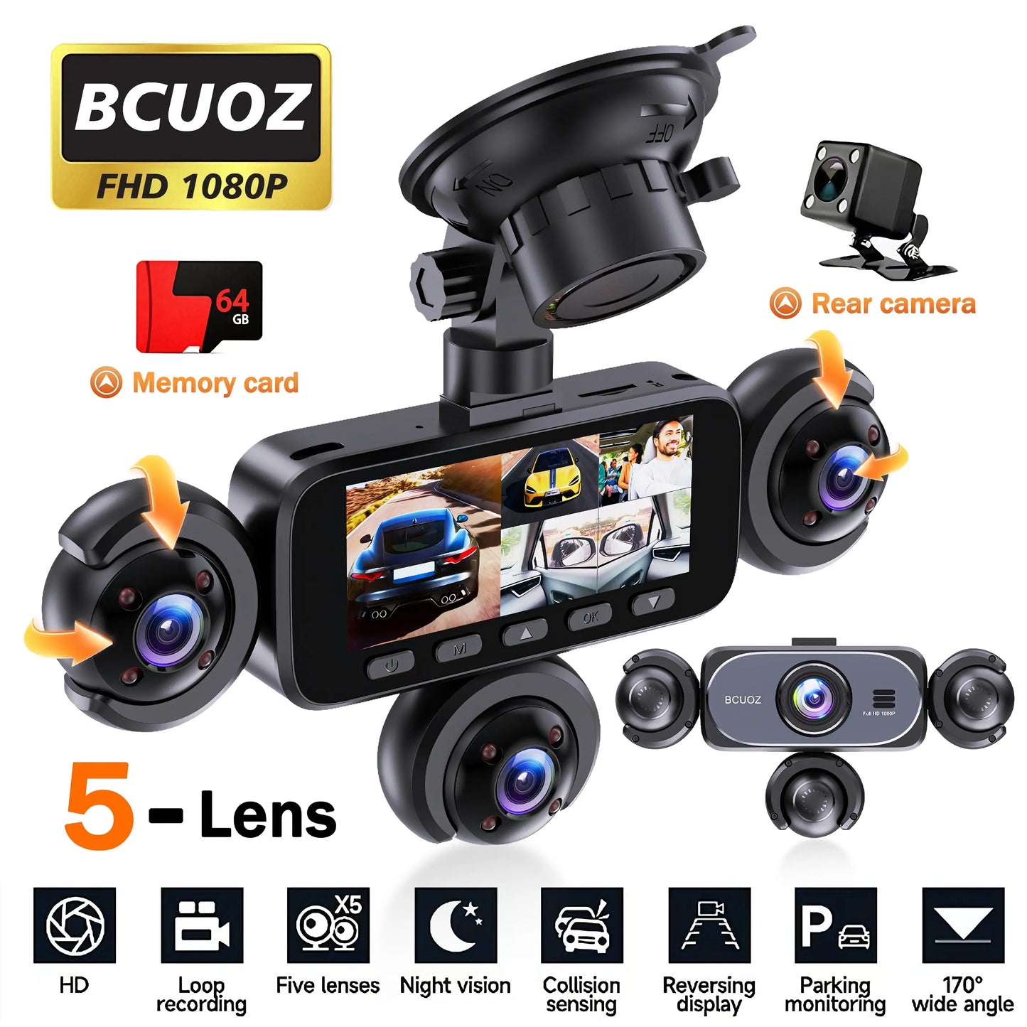 BCUOZ 5-Channel Full HD 1080P Car Dash Cam with 64GB Memory Card,Requires Charging to Use,1080P Front + Rear+ Inside/Left/Right Cameras, Loop Recording,Super Night Vision,Car Video Surveillance,24H Parking Mode,Car DVR HD Screen#Summervibes. Outdoorfun