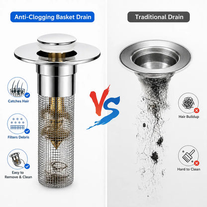 Universal Pop-Up Sink Drain Stopper with Stainless Steel Filter Basket Anti-Clog Debris Catcher Easy Install for Bathroom Kitchen