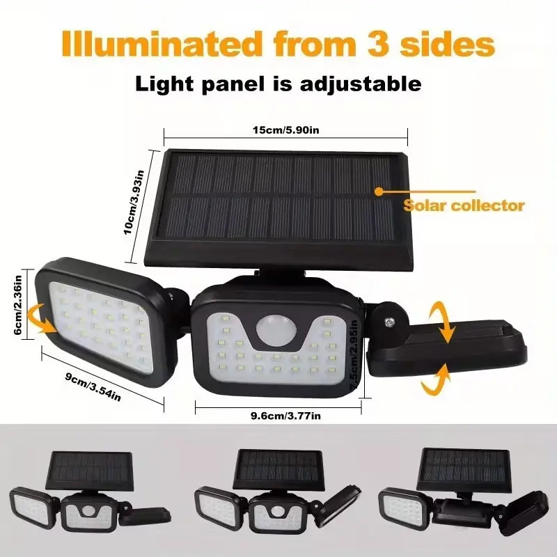 Solar Triple-Head Motion Sensor Wall Light, 3000LM 74 Leds, 270° Wide Angle, 2400Mah Battery, Motion Sensor Outdoor Light