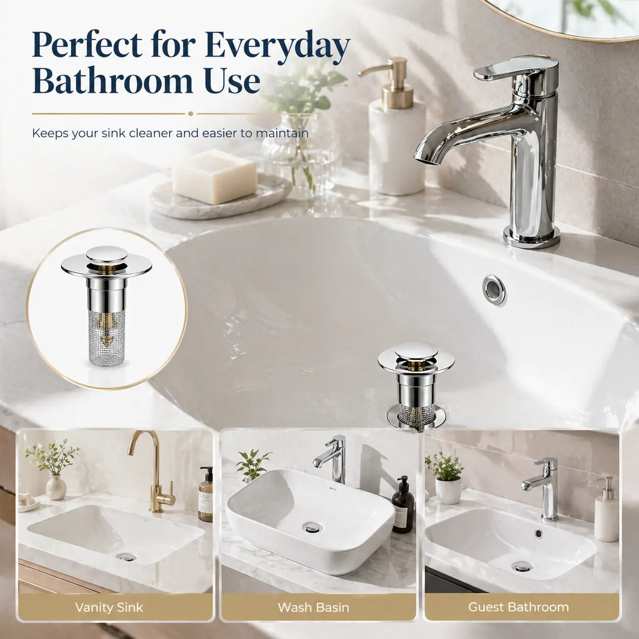 Universal Pop-Up Sink Drain Stopper with Stainless Steel Filter Basket Anti-Clog Debris Catcher Easy Install for Bathroom Kitchen
