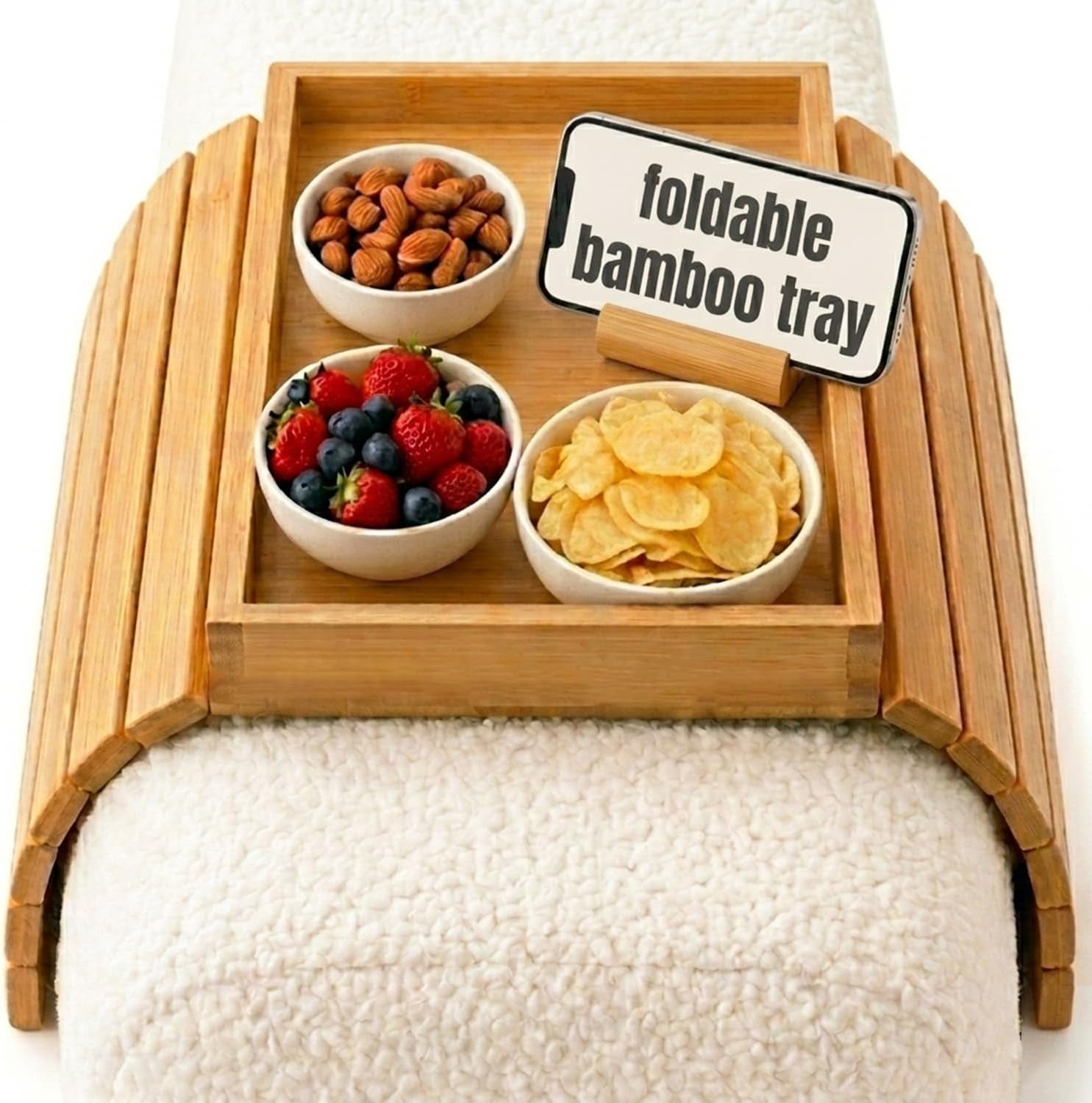 Foldable Bamboo Couch Arm Tray, Portable Armrest Caddy Tray for Sofa