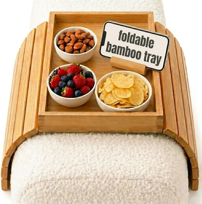 Foldable Bamboo Couch Arm Tray, Portable Armrest Caddy Tray for Sofa