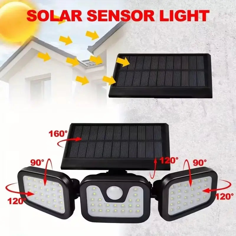 Solar Triple-Head Motion Sensor Wall Light, 3000LM 74 Leds, 270° Wide Angle, 2400Mah Battery, Motion Sensor Outdoor Light