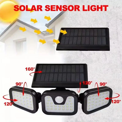 Solar Triple-Head Motion Sensor Wall Light, 3000LM 74 Leds, 270° Wide Angle, 2400Mah Battery, Motion Sensor Outdoor Light