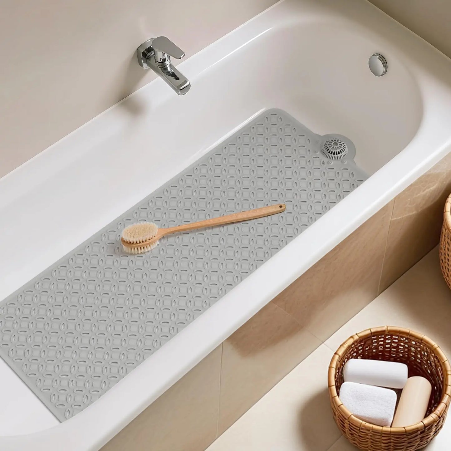 OTHWAY Soft Anti-Slip Pad Bath Mat, 39In X 17In Tub Grip Mat with Hair Catcher, Big Drain Holes, Machine Washable for Shower Use, Anti-Slip Pad Bath Mats