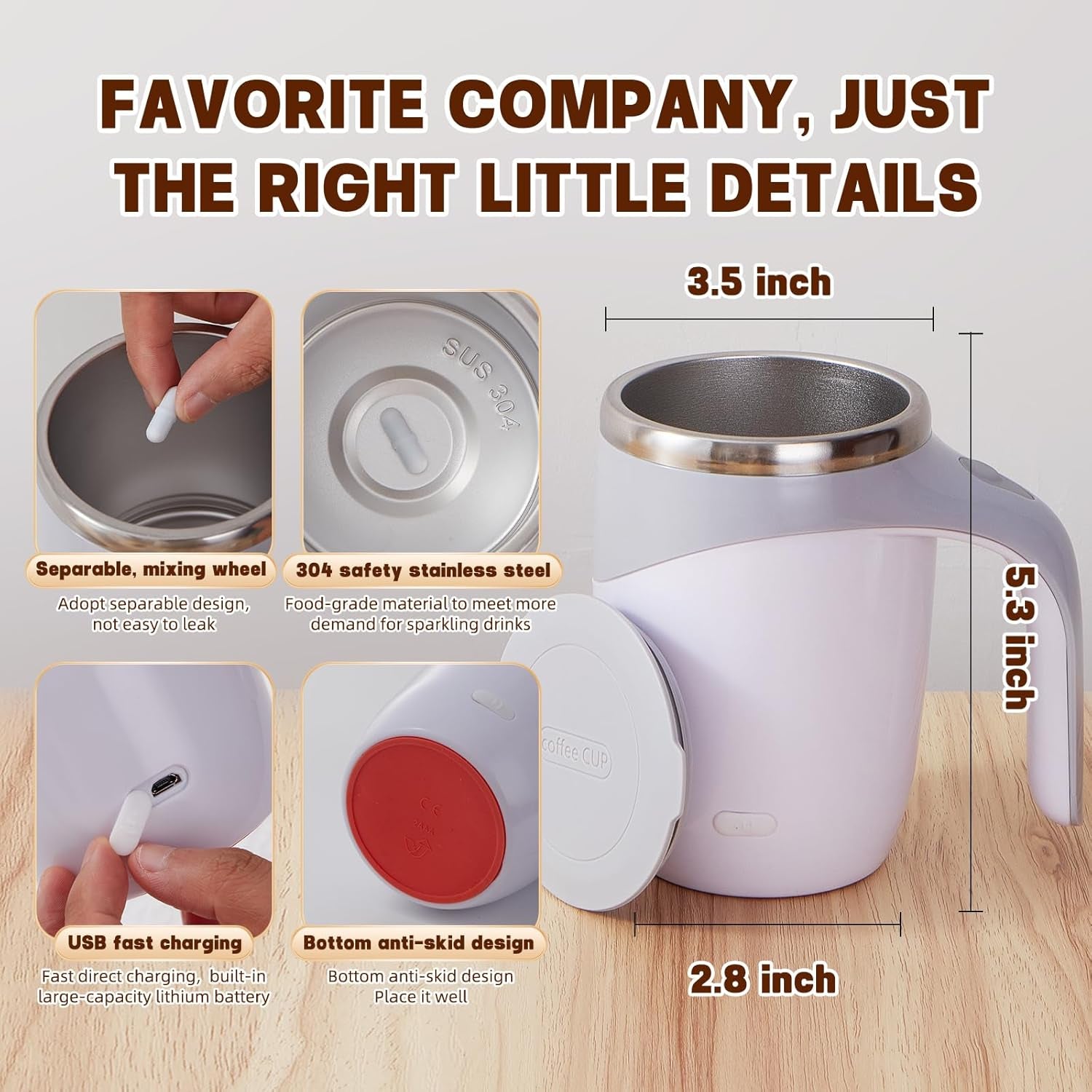 Rechargeable Automatic Stirring Coffee Mug, Stainless Steel White