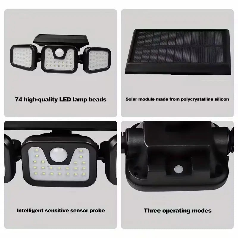 Solar Triple-Head Motion Sensor Wall Light, 3000LM 74 Leds, 270° Wide Angle, 2400Mah Battery, Motion Sensor Outdoor Light