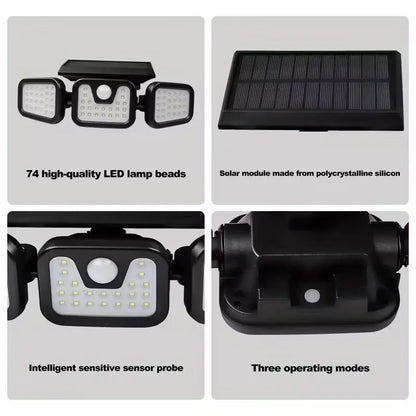 Solar Triple-Head Motion Sensor Wall Light, 3000LM 74 Leds, 270° Wide Angle, 2400Mah Battery, Motion Sensor Outdoor Light