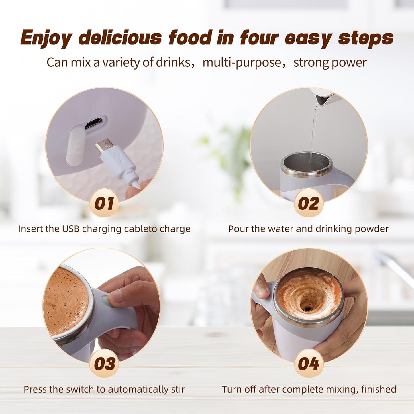 Rechargeable Automatic Stirring Coffee Mug, Stainless Steel White