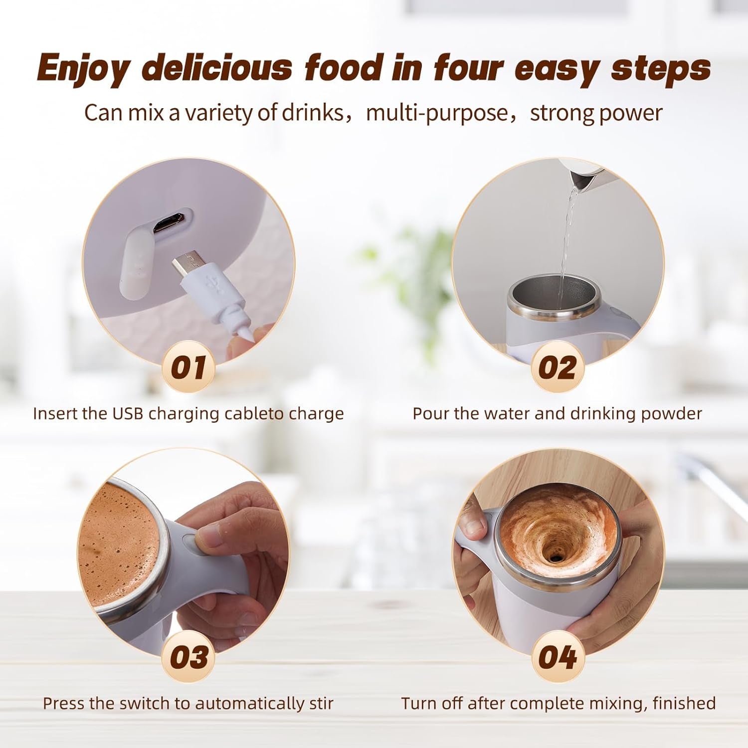 Rechargeable Automatic Stirring Coffee Mug, Stainless Steel White