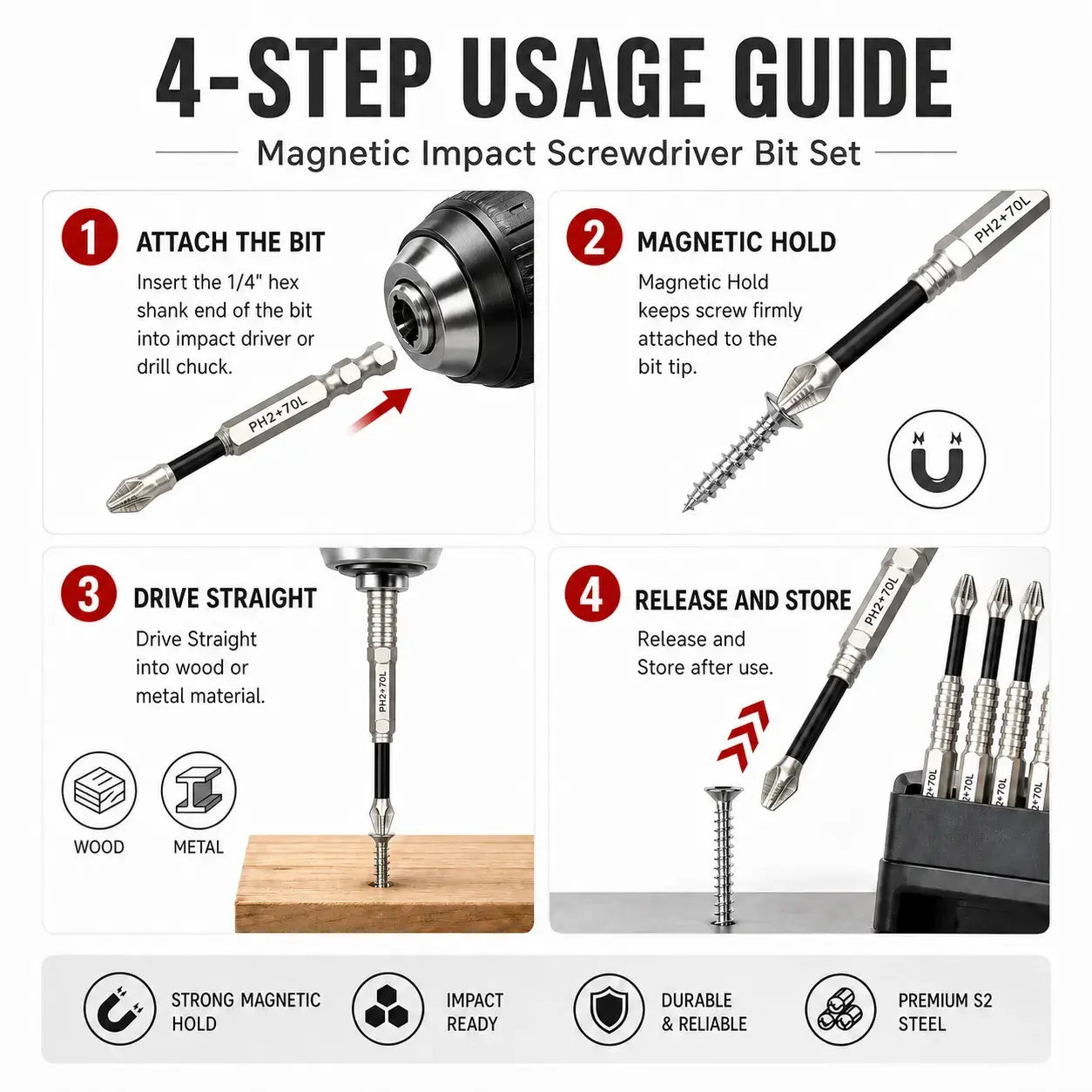 6/9PCS Magnetic Driver Bit Set, S2 Steel Phillips Screwdriver Bits 25Mm-150Mm, 1/4 Inch Hex Shank Anti-Slip Power Bits for Drill and Electric Screwdriver Strong Titanium Alloy Impact Non-Slip
