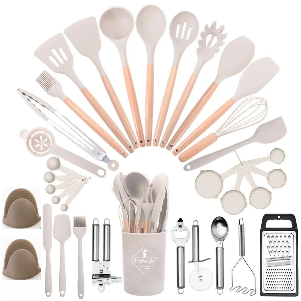 45-Piece Silicone Kitchen Utensil Set with Heat-Resistant Wooden Handles, Non-Stick Coating, Multi-Functional Spoons & Spatulas, Easy-To-Clean Cooking Tools