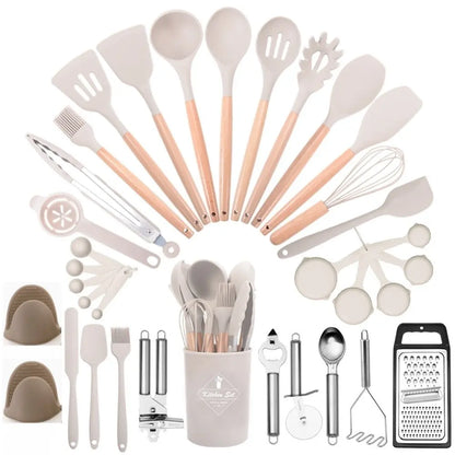 45-Piece Silicone Kitchen Utensil Set with Heat-Resistant Wooden Handles, Non-Stick Coating, Multi-Functional Spoons & Spatulas, Easy-To-Clean Cooking Tools