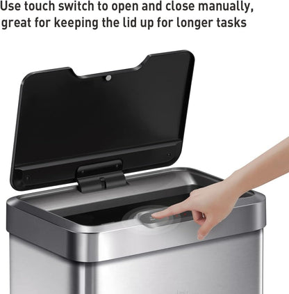 EKO Mirage-T 50 Liter / 13.2 Gallon Touchless Rectangular Motion Sensor Trash Can or Recycling Bin, Brushed Stainless Steel Finish