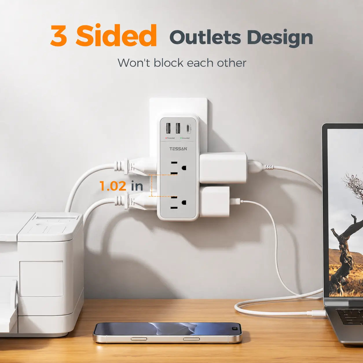 TESSAN Multi Plug Wall Outlet Splitter with 360 Rotating Plug, TESSAN 1800J Surge Protector Outlet Extender with 6 AC and 3 USB Ports (1 USB C), 1875W, 3 Sided Wall Socket Expander for Home Office Dorm Room