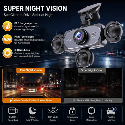 BCUOZ 5-Channel Full HD 1080P Car Dash Cam with 64GB Memory Card,Requires Charging to Use,1080P Front + Rear+ Inside/Left/Right Cameras, Loop Recording,Super Night Vision,Car Video Surveillance,24H Parking Mode,Car DVR HD Screen#Summervibes. Outdoorfun