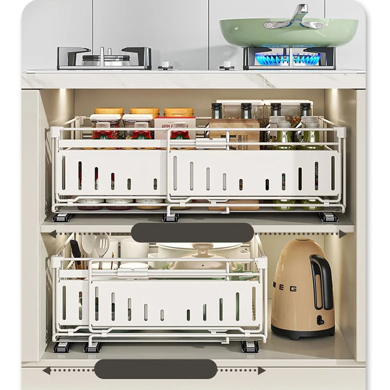 Retractable Drawer Organizer Basket-Under-Cabinet/Pull-Out Shelf with Space-Saving Foldable Design, Stainless Steel Construction