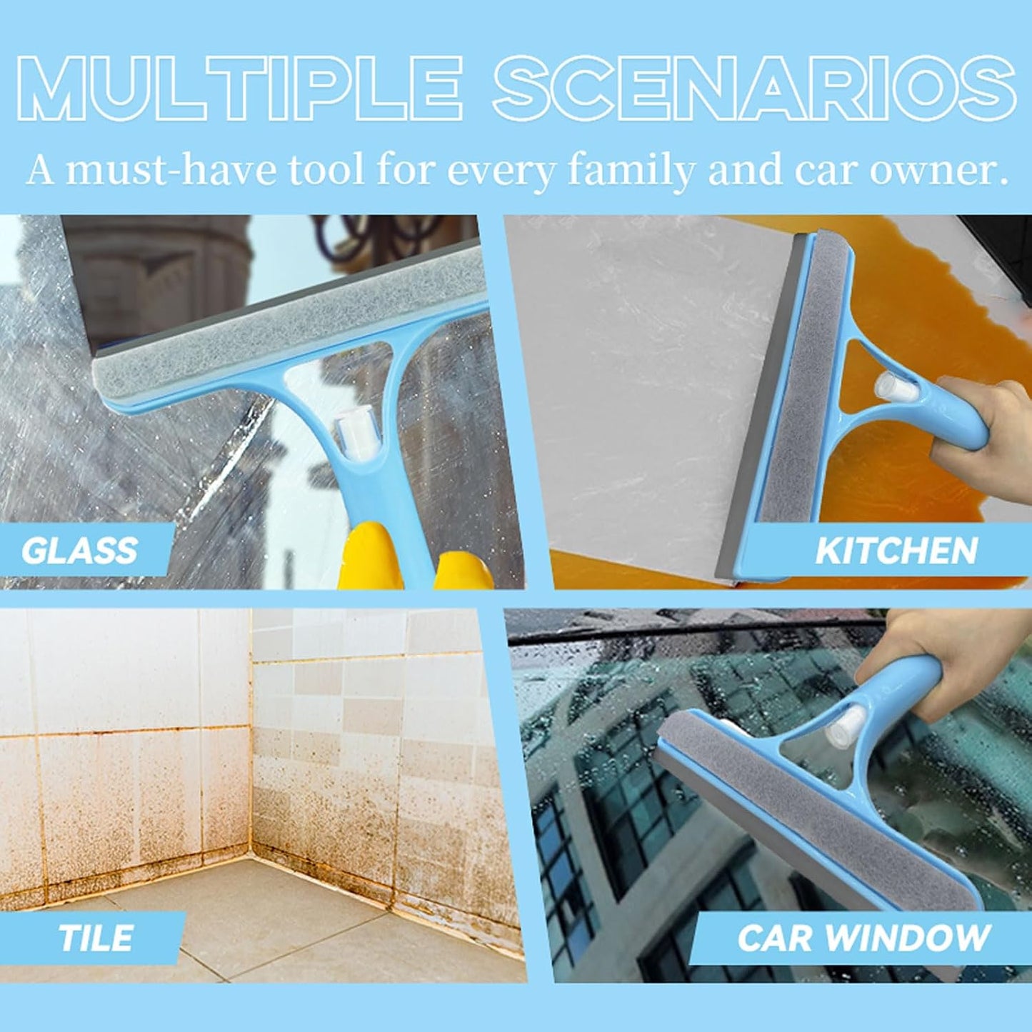 3 in 1 Window Cleaning Scraper,All-Purpose Spray Window Squeegee Cleaner Tool,For Glass Doors for Windows Glass, Mirrors Scraper, Brush (Blue)