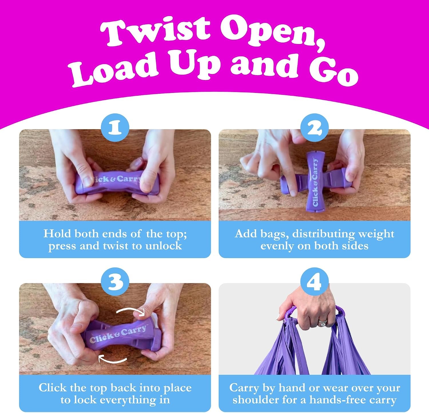 Ergonomic Grocery Bag Carrier Handle & Bag Holder - Purple