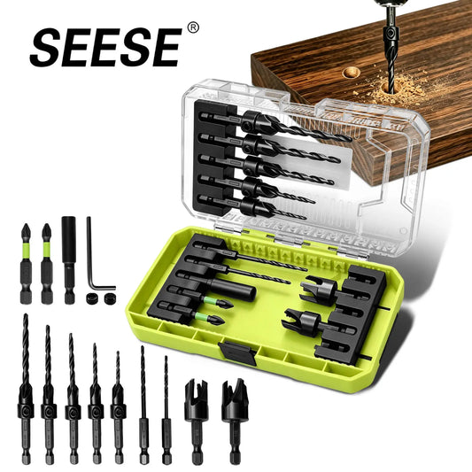 SEESE 15 PCS Adjustable Countersink Drill Bit Set, 1/4 Inch Quick-Change Hex Shank, HSS Wood Countersink Drill Bits with 2PCS Wood Plug Cutters Plug Cutter,Magnetic Extension Bit Holder & Storage Case for Woodworking