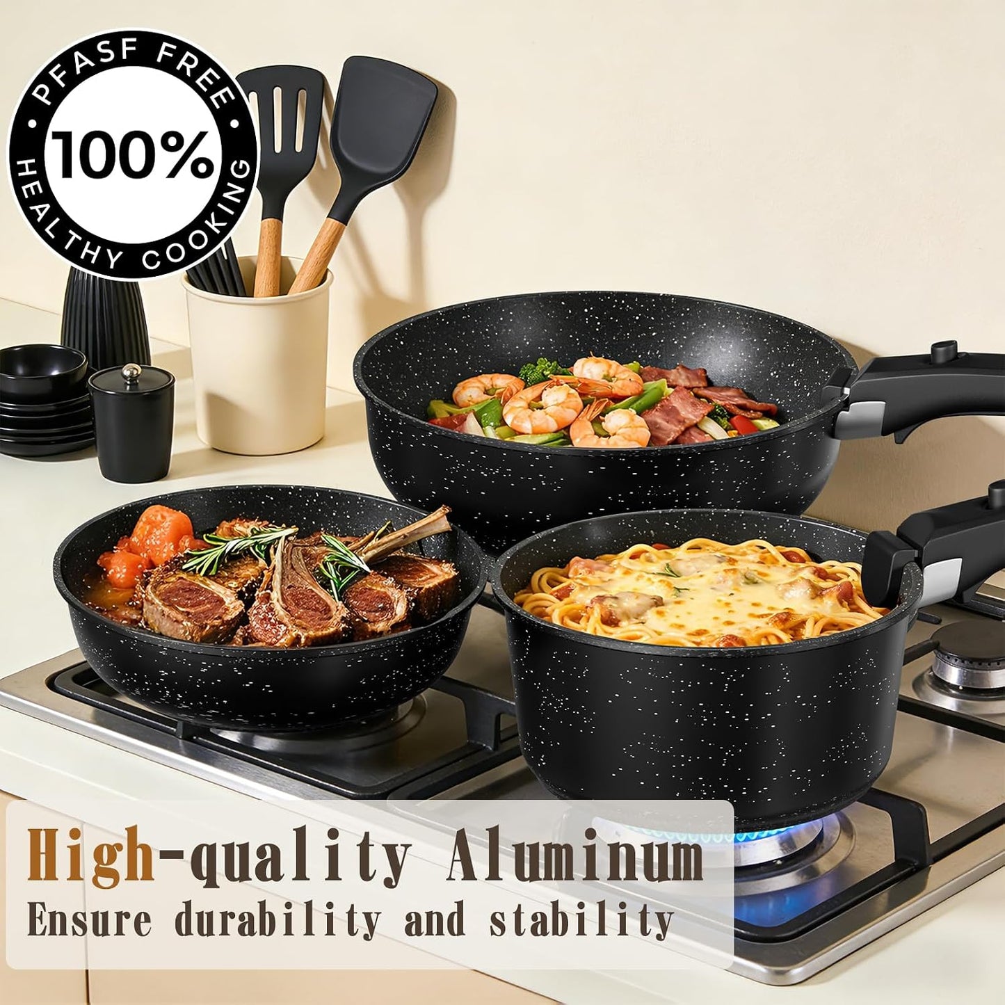 21Pcs Pots and Pans Set Non Stick, Nonstick Ceramic Cookware Sets Detachable Handle, Non Toxic Healthy Induction Cookware, Kitchen Cooking Set, with Frying Pans Set, Dishwasher/Oven Safe