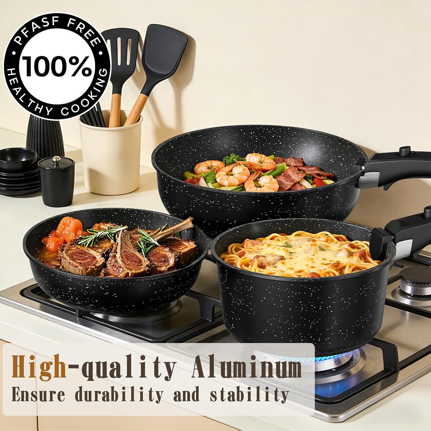 21Pcs Pots and Pans Set Non Stick, Nonstick Ceramic Cookware Sets Detachable Handle, Non Toxic Healthy Induction Cookware, Kitchen Cooking Set, with Frying Pans Set, Dishwasher/Oven Safe