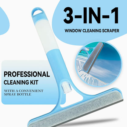 3 in 1 Window Cleaning Scraper,All-Purpose Spray Window Squeegee Cleaner Tool,For Glass Doors for Windows Glass, Mirrors Scraper, Brush (Blue)