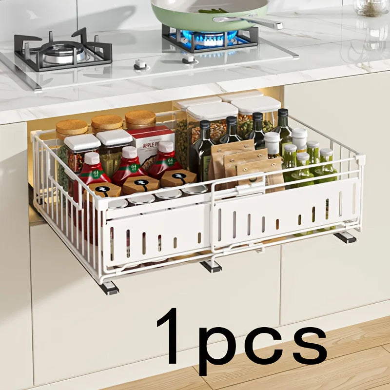 Retractable Drawer Organizer Basket-Under-Cabinet/Pull-Out Shelf with Space-Saving Foldable Design, Stainless Steel Construction