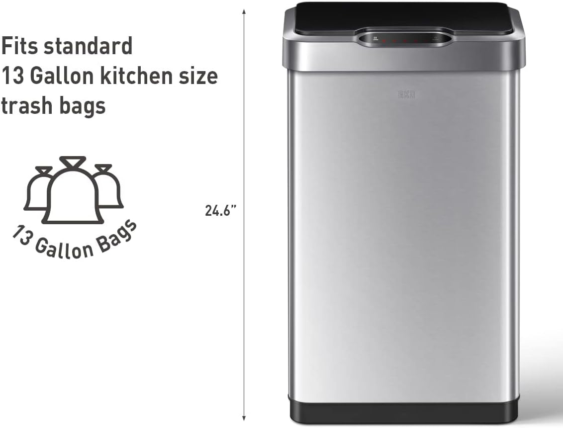 EKO Mirage-T 50 Liter / 13.2 Gallon Touchless Rectangular Motion Sensor Trash Can or Recycling Bin, Brushed Stainless Steel Finish