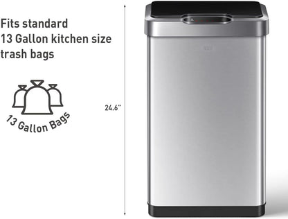 EKO Mirage-T 50 Liter / 13.2 Gallon Touchless Rectangular Motion Sensor Trash Can or Recycling Bin, Brushed Stainless Steel Finish