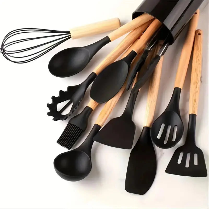 45-Piece Silicone Kitchen Utensil Set with Heat-Resistant Wooden Handles, Non-Stick Coating, Multi-Functional Spoons & Spatulas, Easy-To-Clean Cooking Tools