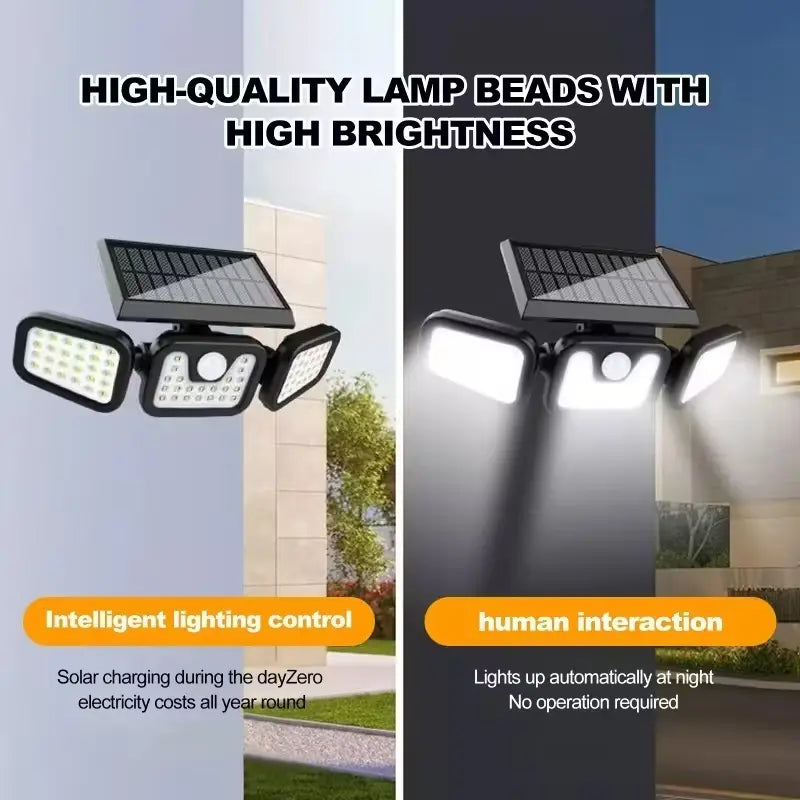 Solar Triple-Head Motion Sensor Wall Light, 3000LM 74 Leds, 270° Wide Angle, 2400Mah Battery, Motion Sensor Outdoor Light