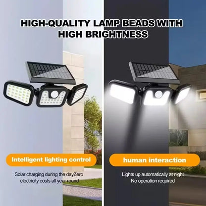 Solar Triple-Head Motion Sensor Wall Light, 3000LM 74 Leds, 270° Wide Angle, 2400Mah Battery, Motion Sensor Outdoor Light