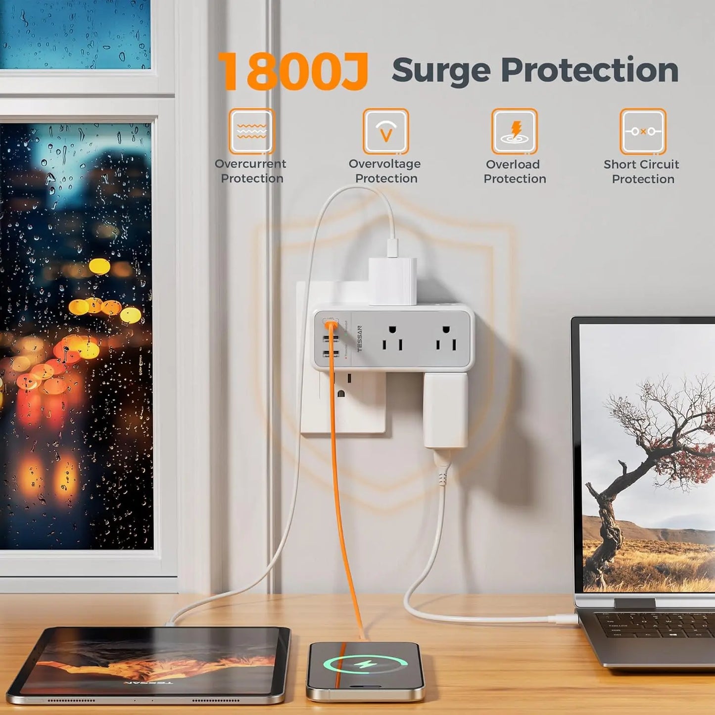 TESSAN Multi Plug Wall Outlet Splitter with 360 Rotating Plug, TESSAN 1800J Surge Protector Outlet Extender with 6 AC and 3 USB Ports (1 USB C), 1875W, 3 Sided Wall Socket Expander for Home Office Dorm Room