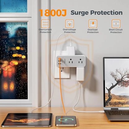 TESSAN Multi Plug Wall Outlet Splitter with 360 Rotating Plug, TESSAN 1800J Surge Protector Outlet Extender with 6 AC and 3 USB Ports (1 USB C), 1875W, 3 Sided Wall Socket Expander for Home Office Dorm Room