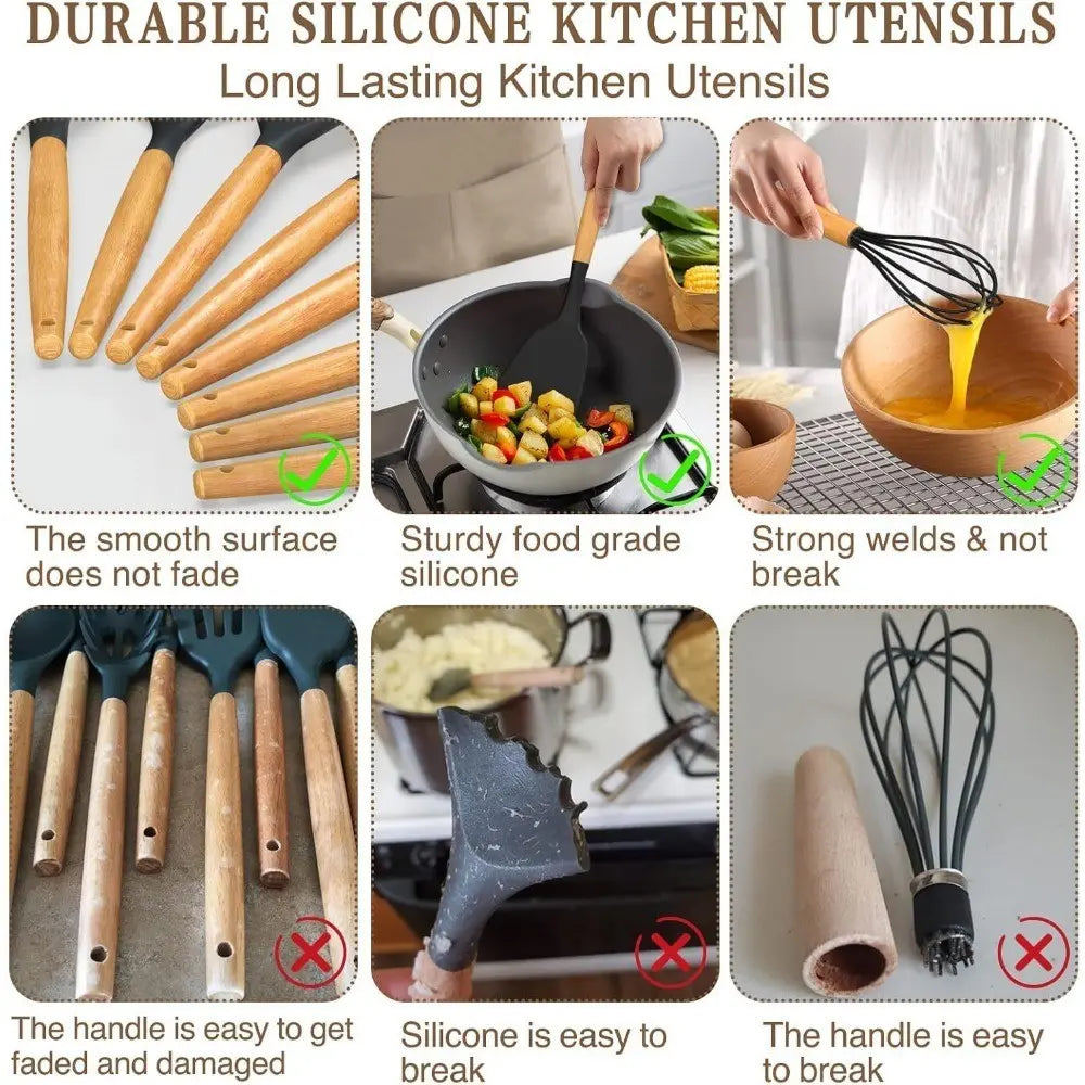 45-Piece Silicone Kitchen Utensil Set with Heat-Resistant Wooden Handles, Non-Stick Coating, Multi-Functional Spoons & Spatulas, Easy-To-Clean Cooking Tools