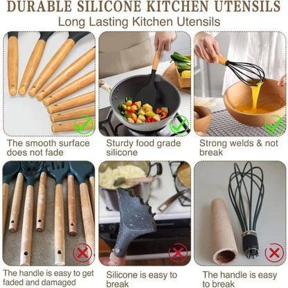 45-Piece Silicone Kitchen Utensil Set with Heat-Resistant Wooden Handles, Non-Stick Coating, Multi-Functional Spoons & Spatulas, Easy-To-Clean Cooking Tools