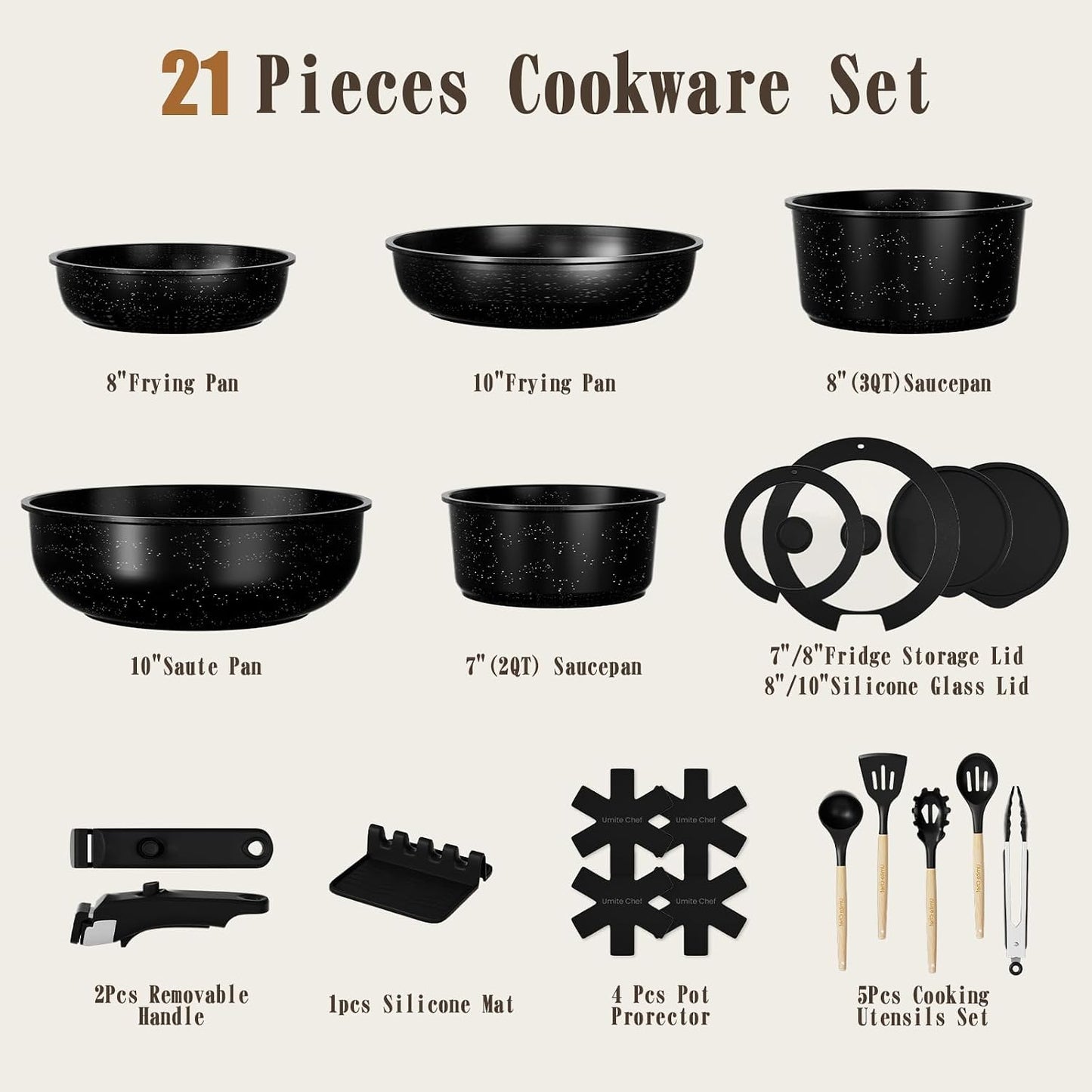 21Pcs Pots and Pans Set Non Stick, Nonstick Ceramic Cookware Sets Detachable Handle, Non Toxic Healthy Induction Cookware, Kitchen Cooking Set, with Frying Pans Set, Dishwasher/Oven Safe