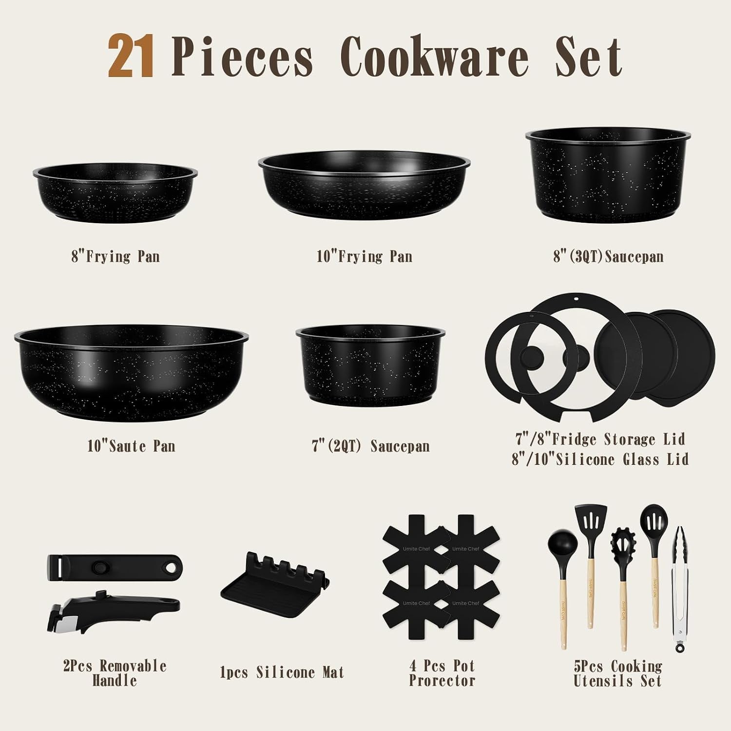 21Pcs Pots and Pans Set Non Stick, Nonstick Ceramic Cookware Sets Detachable Handle, Non Toxic Healthy Induction Cookware, Kitchen Cooking Set, with Frying Pans Set, Dishwasher/Oven Safe