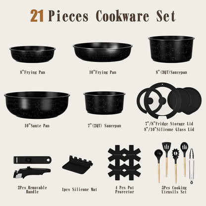 21Pcs Pots and Pans Set Non Stick, Nonstick Ceramic Cookware Sets Detachable Handle, Non Toxic Healthy Induction Cookware, Kitchen Cooking Set, with Frying Pans Set, Dishwasher/Oven Safe