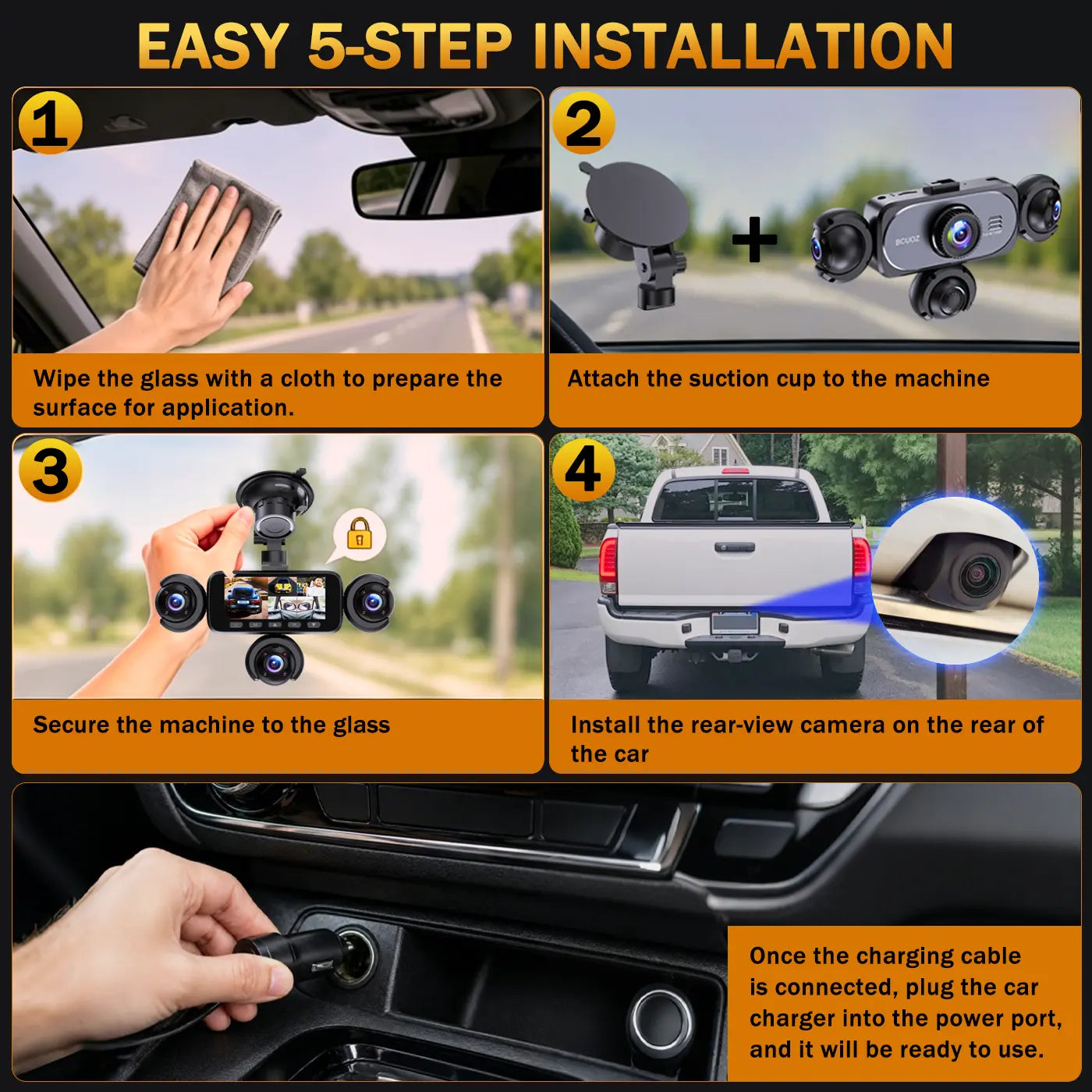 BCUOZ 5-Channel Full HD 1080P Car Dash Cam with 64GB Memory Card,Requires Charging to Use,1080P Front + Rear+ Inside/Left/Right Cameras, Loop Recording,Super Night Vision,Car Video Surveillance,24H Parking Mode,Car DVR HD Screen#Summervibes. Outdoorfun