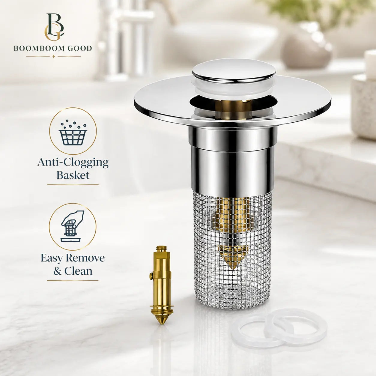 Universal Pop-Up Sink Drain Stopper with Stainless Steel Filter Basket Anti-Clog Debris Catcher Easy Install for Bathroom Kitchen