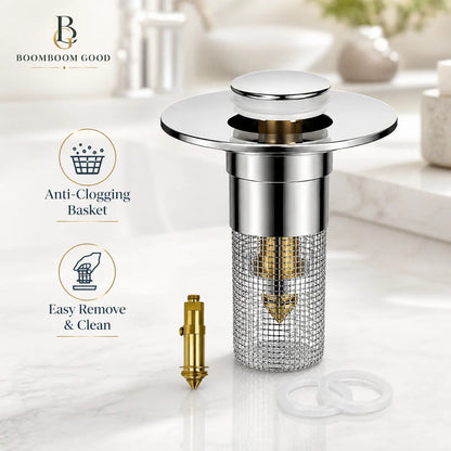 Universal Pop-Up Sink Drain Stopper with Stainless Steel Filter Basket Anti-Clog Debris Catcher Easy Install for Bathroom Kitchen