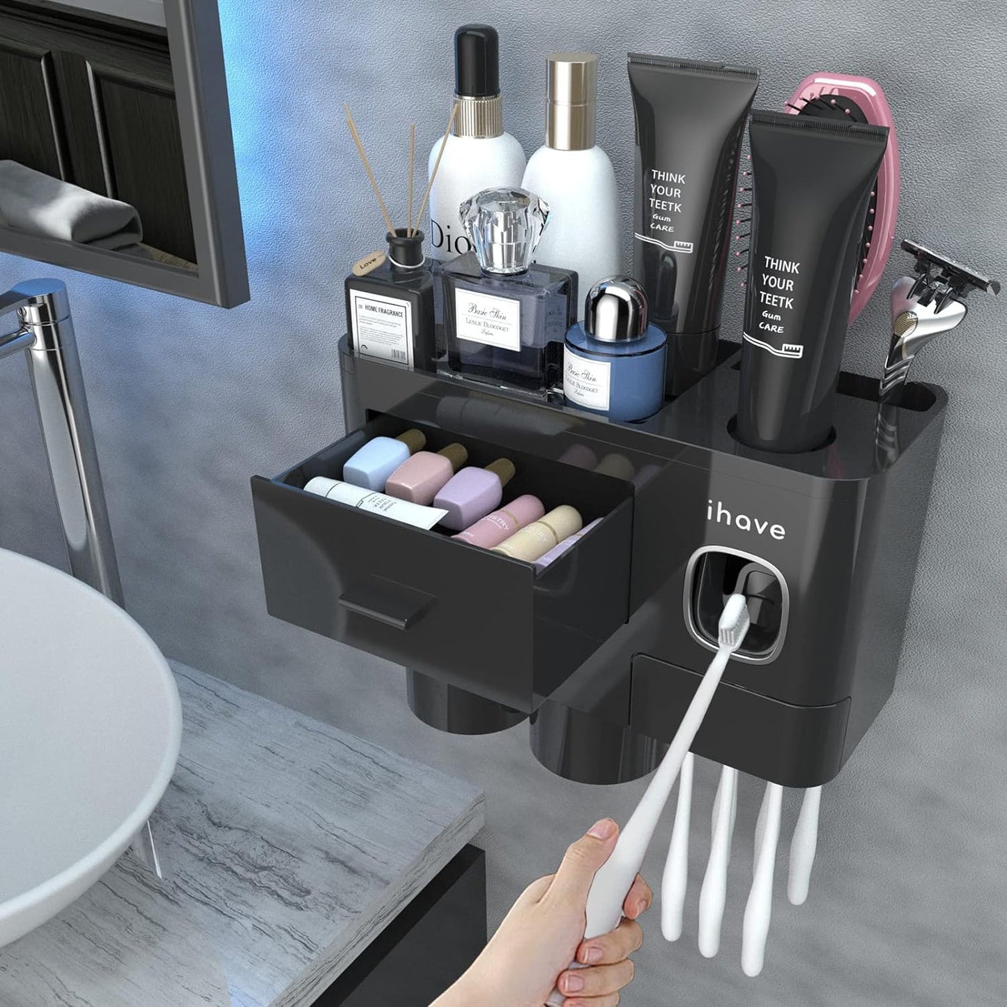 Toothbrush Holders Wall Mounted with Toothpaste Dispenser & 2 Cups