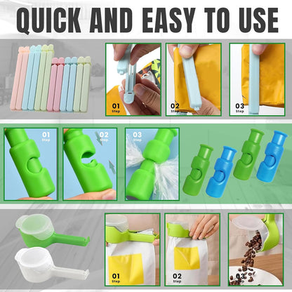 Bag Sealer Clips- Mix Pack: 12 Multisize Clips, 4 Squeeze-And-Lock for Bread Bags, 2 with Pour Spouts – for Airtight Freshness and Spill-Free Storage