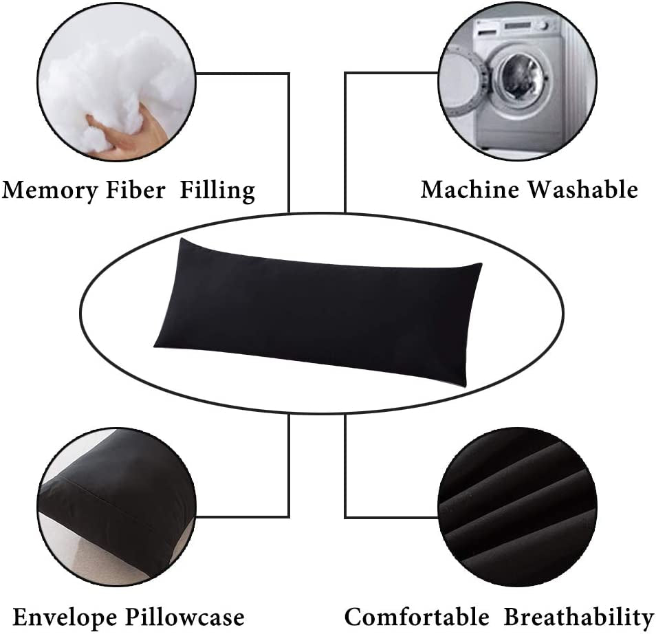 Body Pillow with Pillowcase - Soft Long Bed Pillow for Adults - Breathable Full Body Pillow Insert for Sleeping, 20X54Inches, Black